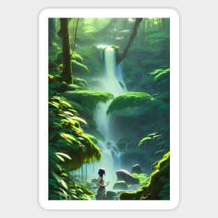 Beautiful Girl Chilling in Waterfalls in a Forest Sticker